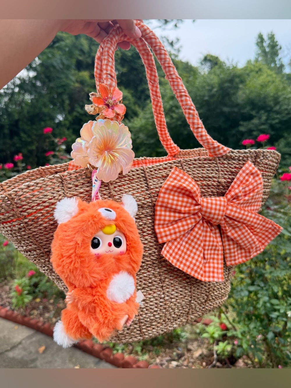 Orange Gingham Bow Handmade Straw Tote 🍊🤍